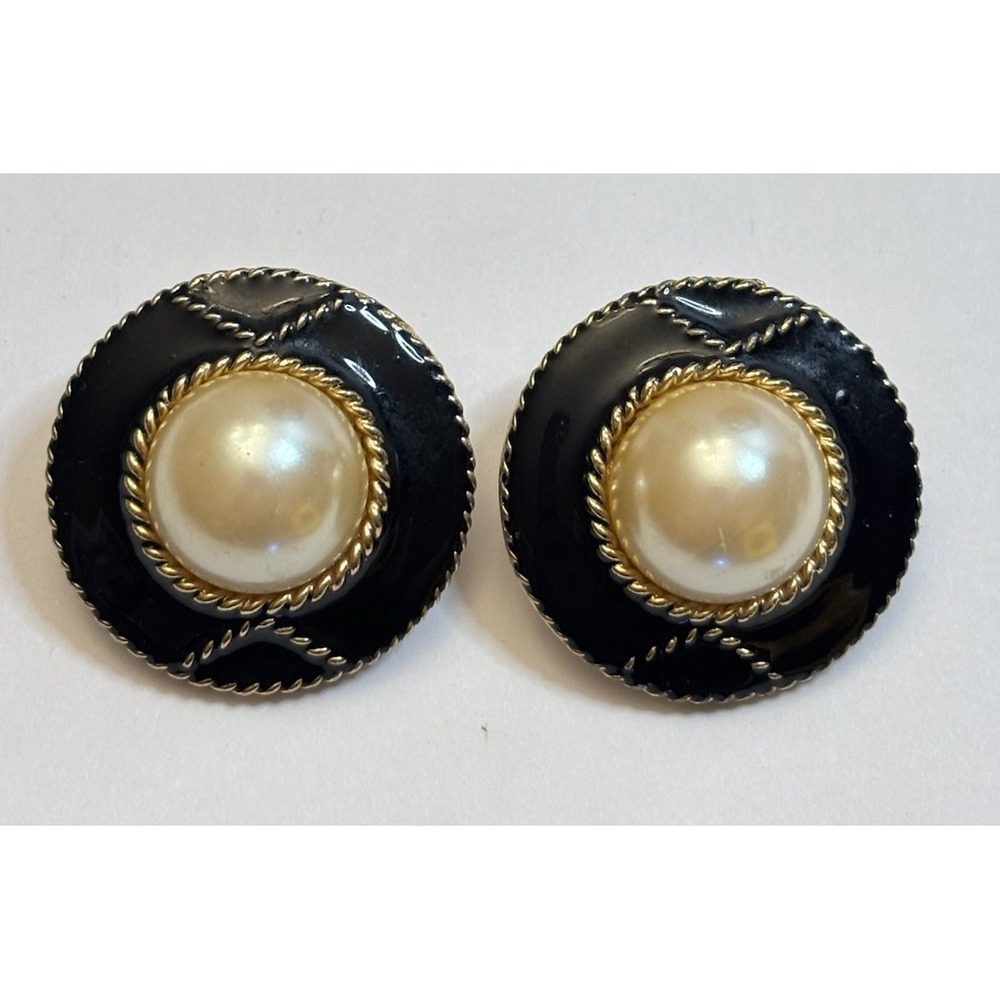 Vintage Black Enamel Pierced Earrings Gold Tone & Faux Pearl Accents Classic